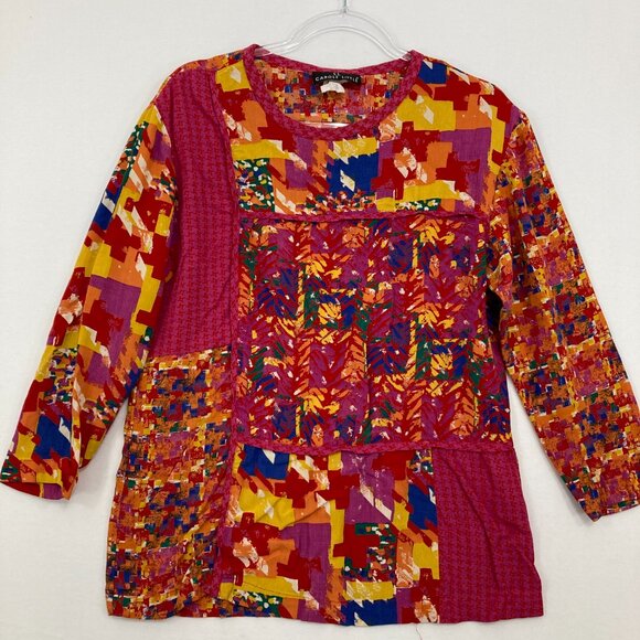 Carole Little size 12 Colorful Artsy Soft Rayon Patchwork Print Boho Blouse - Picture 1 of 8